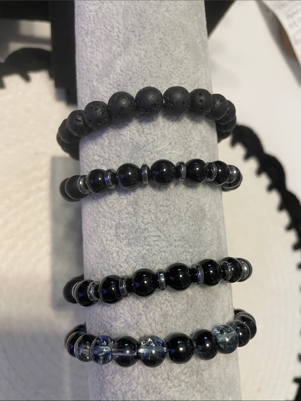 Men's Jet Organic, Lava & Black Nuummite Stone Bracelets, set of 4